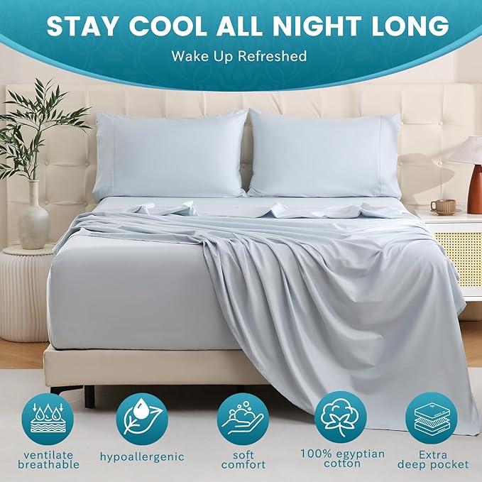 Bedlifes California King Sheet Set, Extra Deep Pocket 18-24 Inches, 1000Thread Count 100% Egyptian Cotton, Soft and Breathable 4-Piece Light Blue