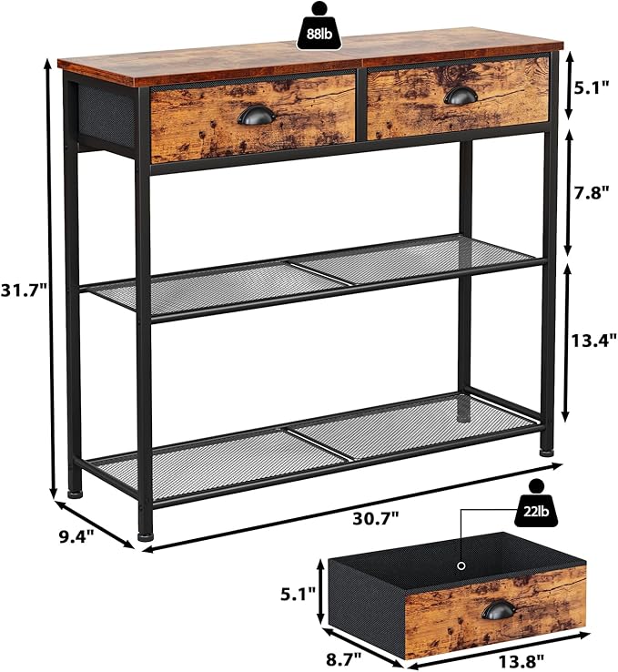 Furologee Console Sofa Table with Storage Shelf for Entry Way, Small 30'' Entryway Table with 2 Fabric Drawers, Industrial Display Shelves for Hallway, Entrance, Foyer, Rustic Brown