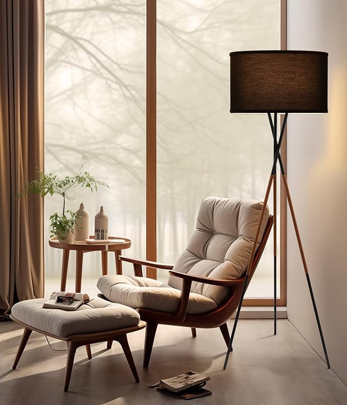 Kira Home Sadie 61" Mid Century Modern Tripod LED Floor Lamp + 9W Bulb (Energy Efficient/Eco-Friendly), Leather Accent Legs, Black Drum Shade, Black Finish