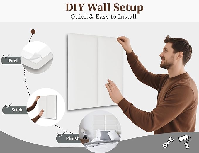 Leather White Upholstered Queen Size Headboard, 12 Panels Peel and Stick Wall Bed Panels, Tufted Decorative Backboard for Modern Bedrooms, 10"x24" Each, Leather - White