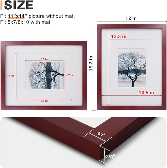 Egofine 11x14 Picture Frame Display Pictures 5x7/8x10 with Mat or 11x14 Without Mat Made of Solid Wood Covered by Plexiglass for Table Top Display and Wall Mounting Photo Frame, Dark Red