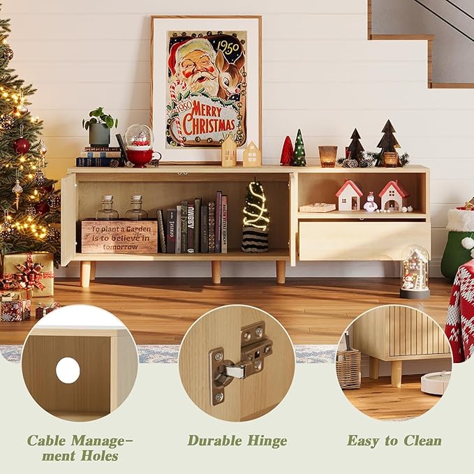 58" Mid Century Modern TV Stand for 32-65 inch TVs, Light Wood TV Console with with Fluted Doors and Drawer, Entertainment Center with Storage for Living Room, Oak