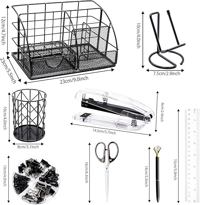 Black Desk Organizers and Accessories Office Supplies Set Stapler, Pen Holder, Phone Holder, Scissors, Pen, Ruler, 30 Paper Clips, 22 Binder Clip, 20 Tacks and 1000pcs Staples