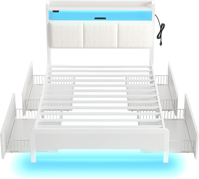 Rolanstar Bed Frame Twin Size with Charging Station and LED Lights, Upholstered Storage Headboard with Drawers, Heavy Duty Metal Slats, No Box Spring Needed, Noise Free, Easy Assembly, White