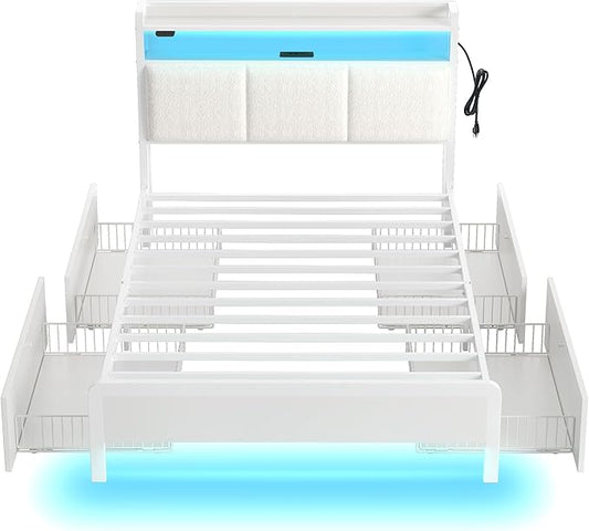 Rolanstar Bed Frame Twin Size with Charging Station and LED Lights, Upholstered Storage Headboard with Drawers, Heavy Duty Metal Slats, No Box Spring Needed, Noise Free, Easy Assembly, White