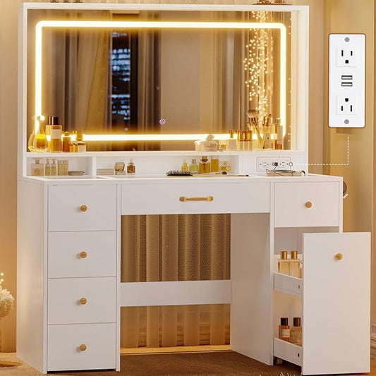 49.3“Large LED Mirror with Lights,Makeup Vanity Desk with 6 Drawers,Power Outlet,Glass Tabletop,Storage Shelf,Rolling Makeup Cart,Hairdryer Rack White