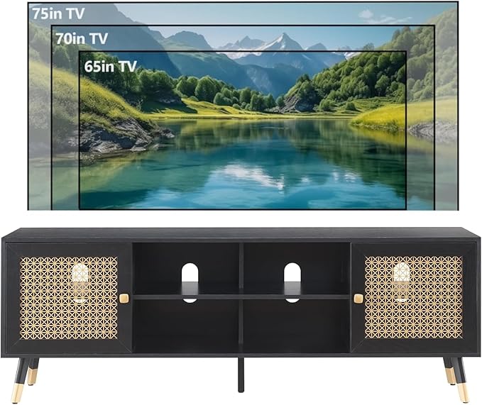 Mid Century Modern TV Consoles for Living Room, TV Stand for TVs Up to 75" - Black Entertainment Center with 2 Gold Metal Mesh Doors & MDF Wood Grain, 15.8" D x 66" W x 23.5" H