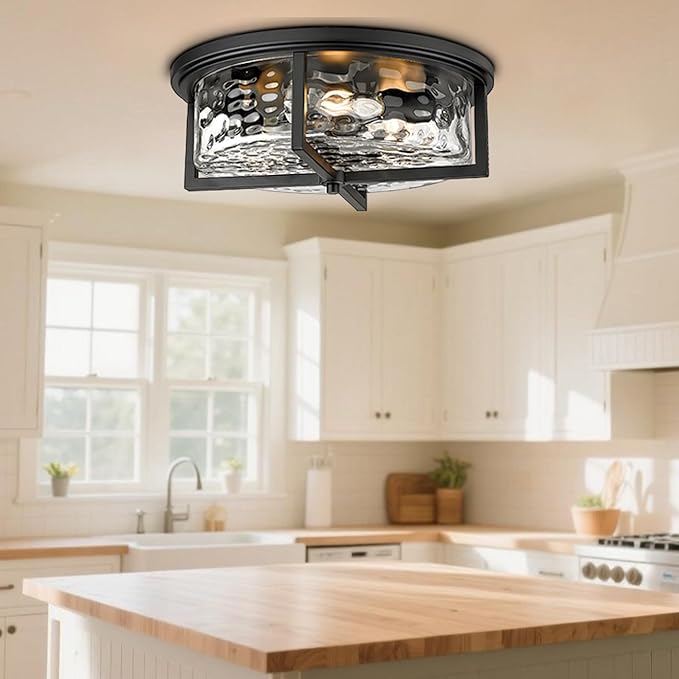 Large Industrial Flush Mount Ceiling Light, 3-Light Modern Close to Ceiling Lights, Hammered Kitchen Ceiling Light for Hallway, Kitchen, Bathroom, Dining Room (Black, 16" D)