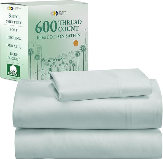 California Design Den Luxury Twin Sheet Set - 100% Cotton, 600 Thread Count Deep Pocket Twin Sheets, Soft Hotel-Quality Bedding with Sateen Weave - Seafoam