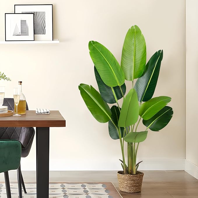 Artificial Bird of Paradise Plant 5.2Ft Fake Tropical Palm Tree with 10Trunks Faux Banana Leaf Trees in Pot for Home Indoor Outdoor Office Modern Decor Housewarming Gift（2Pcs）