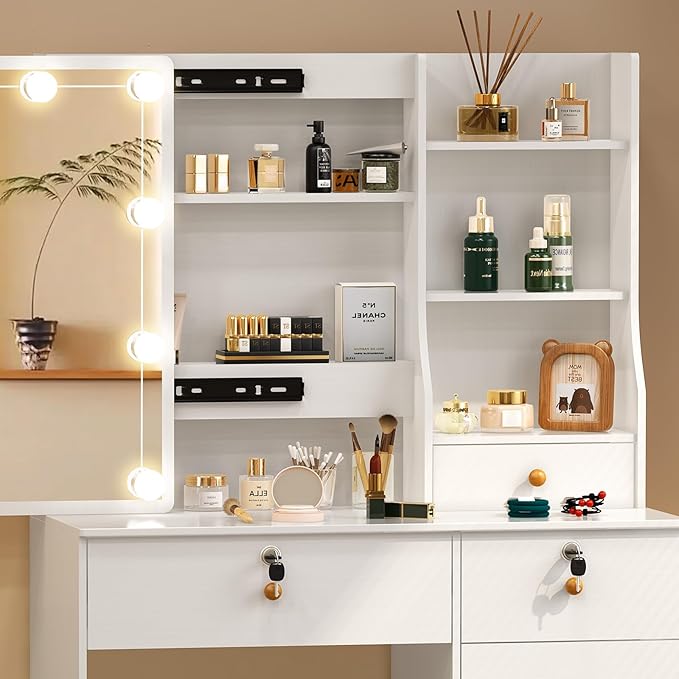 Small Makeup Vanity Desk with Lights and Slidind Mirror, Vanity Table Set with Chair, Lighted Dressing Table with 3 Adjustable Light Modes, 6 Drawers, 6 Shelves, White Vanity Desk for Women