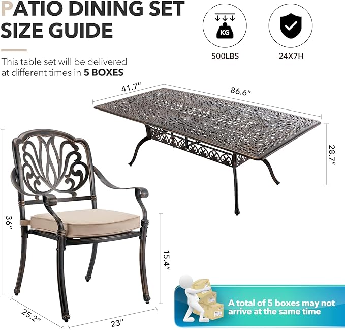 9 Piece Outdoor Dining Set Cast Aluminum, Retro Patio Dining Furniture Set for 8 Includes 86.6’’ Rectangular Table 2 Swivel Chairs with Thicker Cushion and Umbrella Hole for Patio Deck Garden