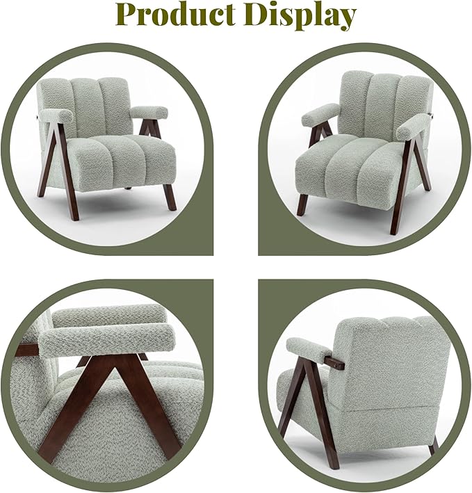 Mid Century Modern Accent Chair with Solid Wood Frame, Boucle Upholstered Living Room Chairs with Thick Cushion, Comfy Tufted Arm Chair for Bedroom, Sage