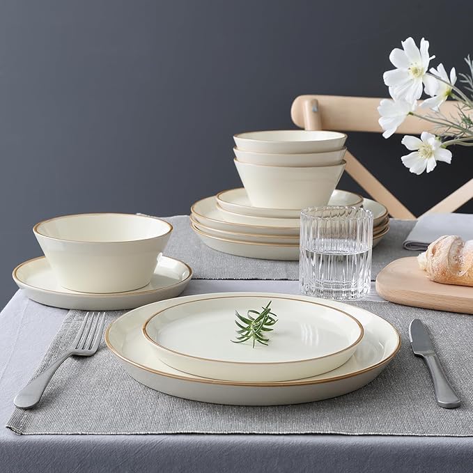 Famiware Saturn Dinnerware Sets, Plates and Bowls Sets for 4, 12 Pieces Stoneware Dish Set - Chip and Scratch Resistant, Microwave and Dishwasher Safe Tableware Set, Vanilla White with Rim