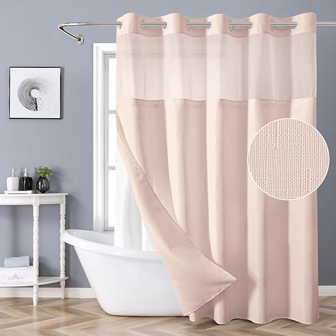 Blush No Hook Shower Curtain with Snap-in Fabric Liner Set,Slub Textured Fabric Shower Curtains for Bathroom,Hotel Style Modern Shower Curtain,Water Repellent & Washable,71x74(72)