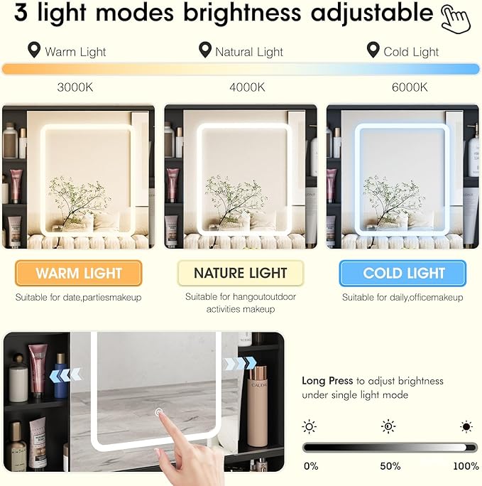 Vabches Vanity Desk with Sliding Mirror and Lights, 41.8'' Black Makeup Vanity Table with Jewelry Storage & Charging Station, Stool, Large Drawer, Visual Cabinet, 3 Lighting Modes, Adjustable Shelves