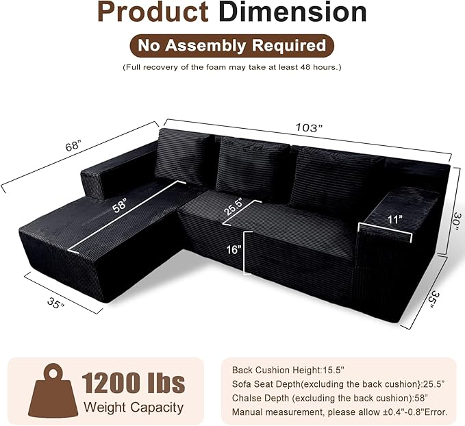 103" Cloud Sectional Sofa, Boneless L-Shape Couch with Chaise, Modern Minimalist Modular Couch for Living Room, Free Combination, Deep Seat, No Assembly Required, Premium Corduroy, Black, L