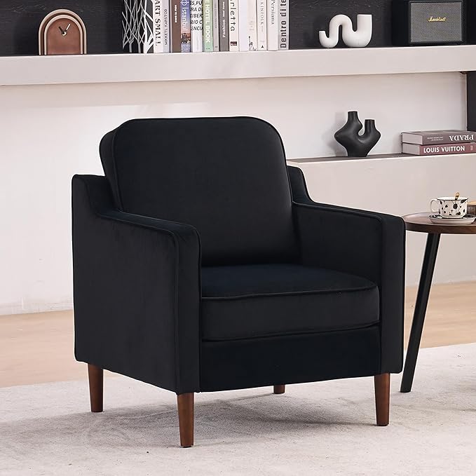 Mid Century Modern Accent Chair, Upholstered Reading Armchair for Living Room, Velvet Comfy Sofa Chair with Wood Legs for Bedroom, Office, Waiting Room, Black