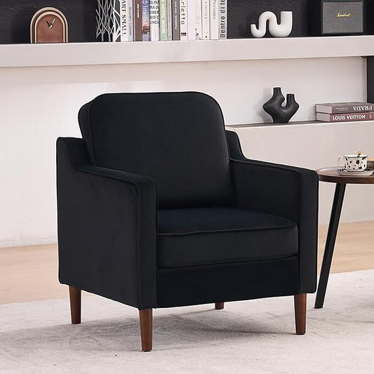 Mid Century Modern Accent Chair, Upholstered Reading Armchair for Living Room, Velvet Comfy Sofa Chair with Wood Legs for Bedroom, Office, Waiting Room, Black