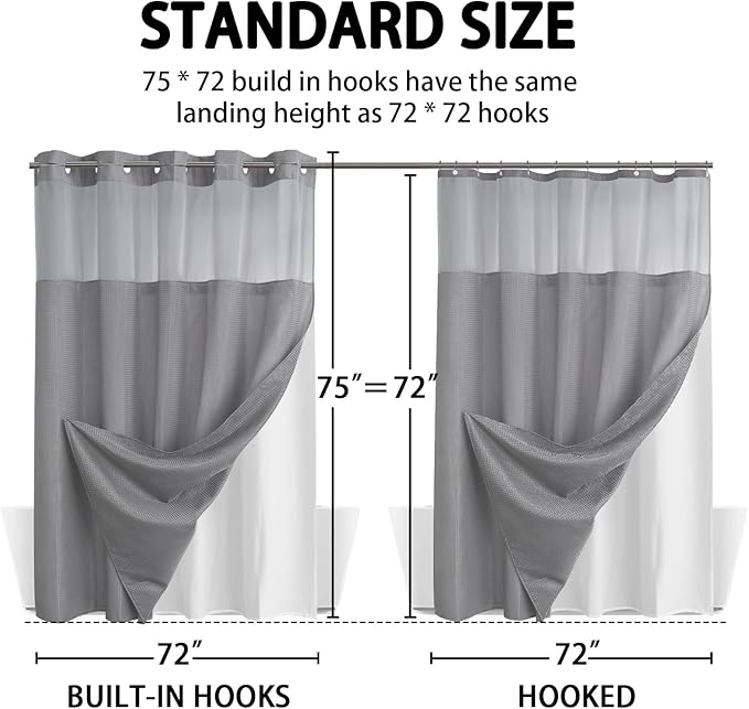 YellyHommy No Hook Shower Curtain with Snap in Liner Set Less Time Grey Waffle Shower Curtain for Bathroom 75" L x 72" W Gray
