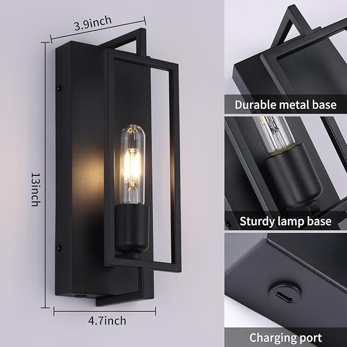 Wireless Battery Operated Wall Sconces Set of 2, Rechargeable Farmhouse Wall Light Fixture with Remote, Industrial Black Wall Lamp dimmable, Modern Indoor Lighting for Bedroom Living Room Hallway