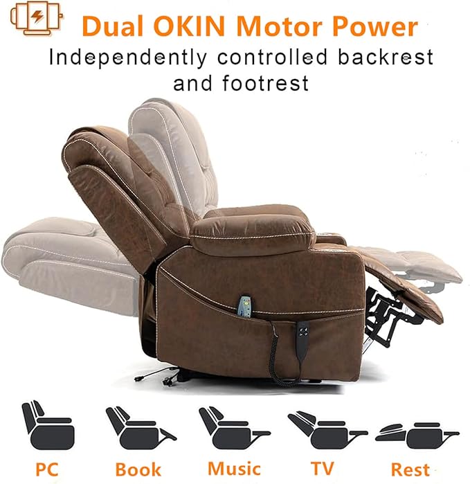 180 Degrees Lay Flat Lift Recliner with Massage and Heat, Cup Holder, 400 lb Capacity Recliner for Big and Tall Men, Lazyboy Sleeping (Brown Leather)