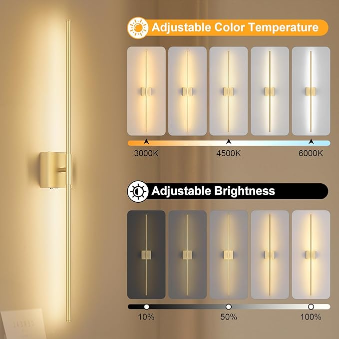 Battery Operated Wall Sconce Set of Two with Remote Control, 3000K-6000K Dimmable Gold Wall Lights, Timable LED Wireless Wall Sconces, 350° Ratate for Bathroom, Living Room, Hallway 39.4 Inch