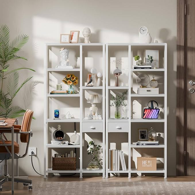 Furologee 6-Tier Bookshelf with Charging Station, Double Display Shelf with Drawer, Tall Freestanding Bookcase, Metal Open Book Shelf for Living Room, Bedroom, Home Office, White