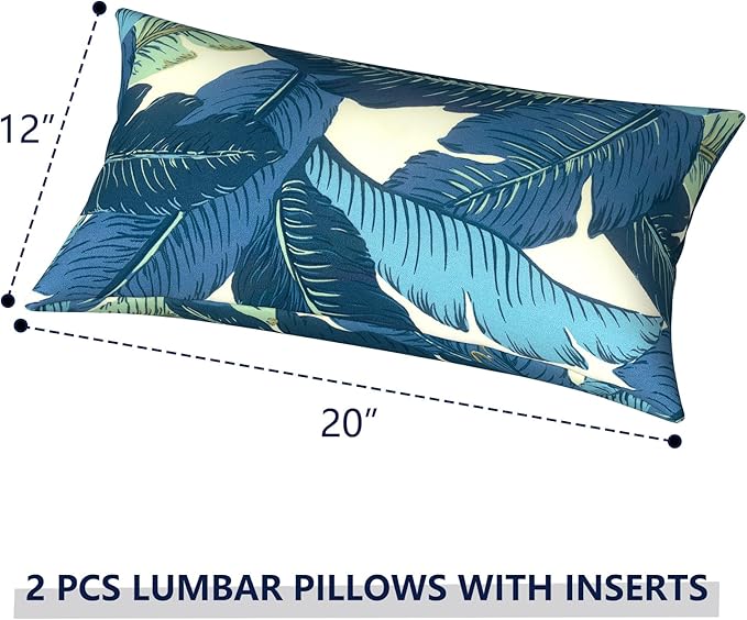 Outdoor Lumbar Pillows 12x20 inch, Rectangle Throw Pillows with Inserts, Decorative Lumbar Cushions for Patio Furniture Garden Couch Home Sofa Office Chair, Pack of 2, Swaying Palms Blue