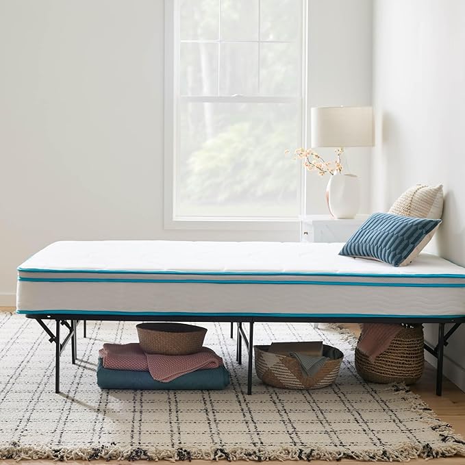 Linenspa 8” Memory Foam and Innerspring Hybrid Mattress + 14” Black Metal Platform Bedframe – Full Mattress + Metal Folding Full Bedframe