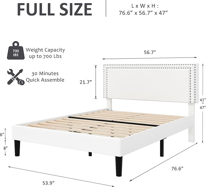 VECELO Full Size Bed Frame with Adjustable Upholstered Headboard, Wooden Slats Platform, Noise-Free Design, Easy Assembly