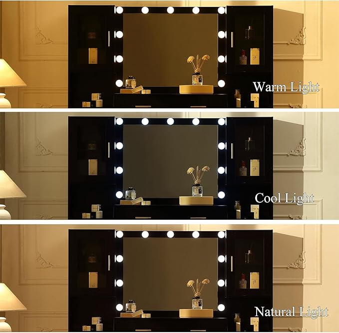 Extra Large Vanity with Folding Up Mirror and Lights,58.3'' Makeup Vanity Desk with Mirror and Lights,Outlet, Chair and Two Makeup Organizers,Dressing Table for Bedroom,Black