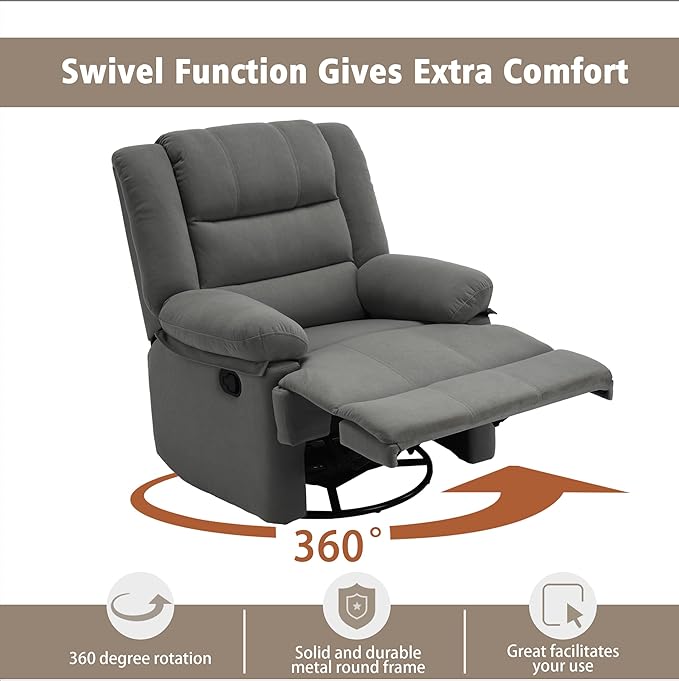 Swivel Rocking Recliner Chair for Adults, Overstuffed Manual Rocker Nursery Recliner Glider, Upholstered Fabric Reclining Single Sofa Chair for Living Room (Dark Grey)