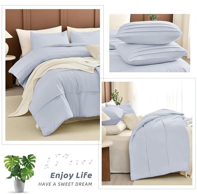 Sanracie Cotton Comforter Queen Size(90"x 95"),3 Pieces Cornflower Blue Colored Pinch Pleated Comforter Set,Soft Breathable Neutral Bed Comforter for All Season