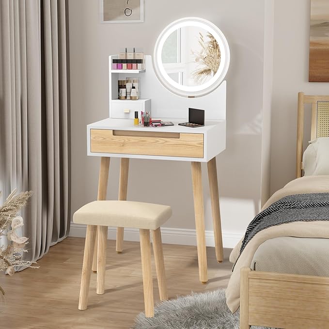 ARTETHYS Small Vanity Desk Set with 3 Adjustable Lighted Mirror and Storage Shelf White Tiny Makeup Vanities Set with Drawer for Bedroom 24 Inch Compact Dressing Table for Mini Space