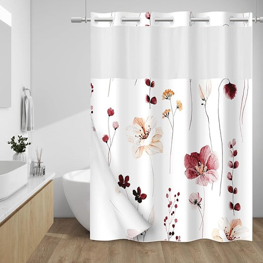 No Hook Shower Curtain with Snap in Liner - Floral Shower Curtain - Fabric Waterproof Inner Liner, Plants Watercolor Burgundy Flower Modern Shower Curtains - Machine Washable, 71 x 74