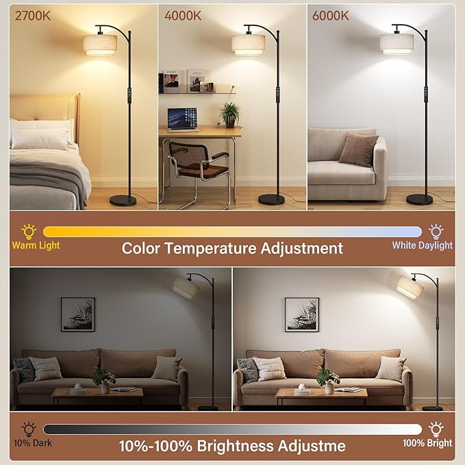 SUNMORY Floor Lamps for Living Room with 12W Remote and Dimmable Bulb, LED Arc Lamp, Modern Floor Lamps with Adjustable Double Fabric Shades, Tall Standing Lamp for Bedroom, Corner, Home Decor