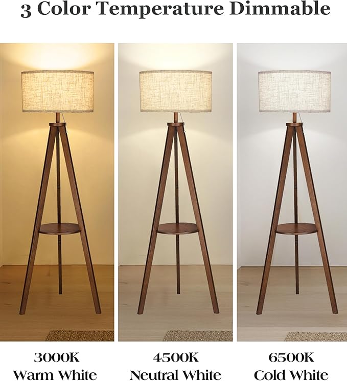 ELYONA Solid Wood Tripod Floor Lamp 3 Color Temperatures LED Blub Tall Standing Light with Table Mid Century Modern Corner Reading Floor Lamp for Living Room Bedroom Office Pull Chain Controls Brown