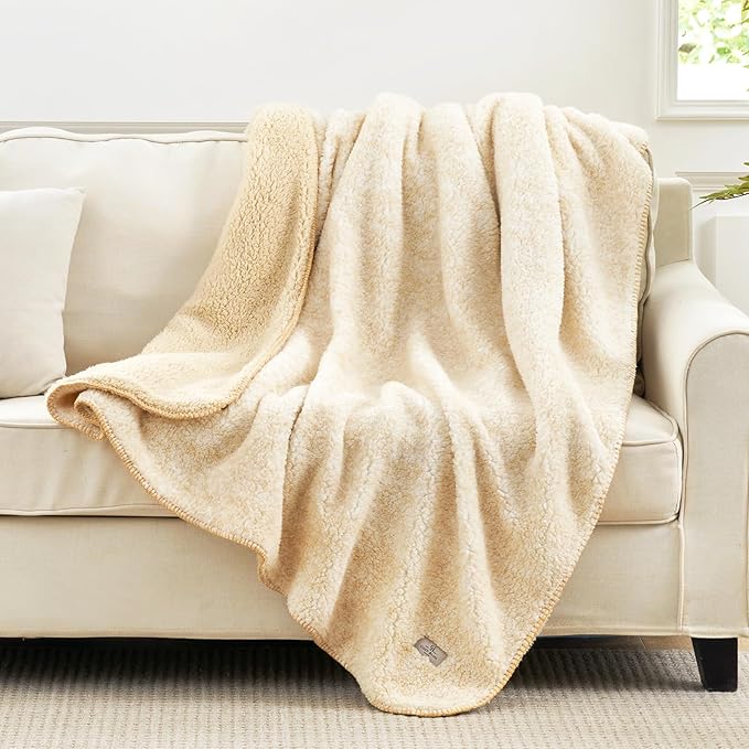 Cozy Bliss Ultra Soft Reversible Double Sherpa Sided Blanket, Fluffy Thick Warm Plush Fuzzy Blanket for Couch, Bed and Gifts (Mottled Beige, 50" x 60")