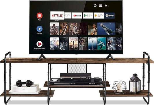 VECELO Industrial Television Stand up to 75 Inch TV,Entertainment Center/Media Console Table with Open Storage Shelves for Living Room/Bedroom,Classic Brown
