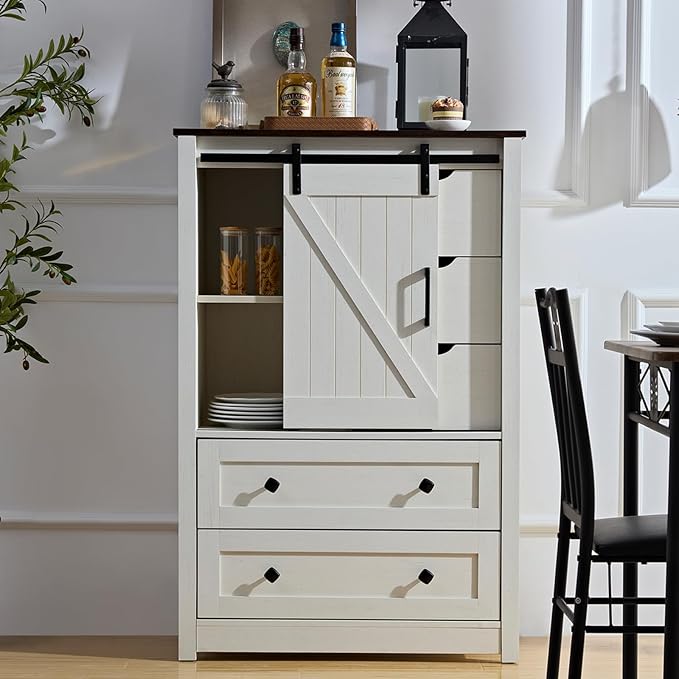 White Dresser for Bedroom with 5 Drawers, 48" Tall w/Sliding Barn Door, Farmhouse 5 Chest of Drawers for Bedroom, Hallway, Living Room, Dining Room, Antique White