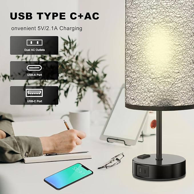 Table Lamp for Bedroom with Touch Control,Bedside Lamp with USB C+A Charging Ports& AC Outlets, Adjustable 3color LED Light for Home Decor/Nightstand/Bedroom/Office,Included Bulb