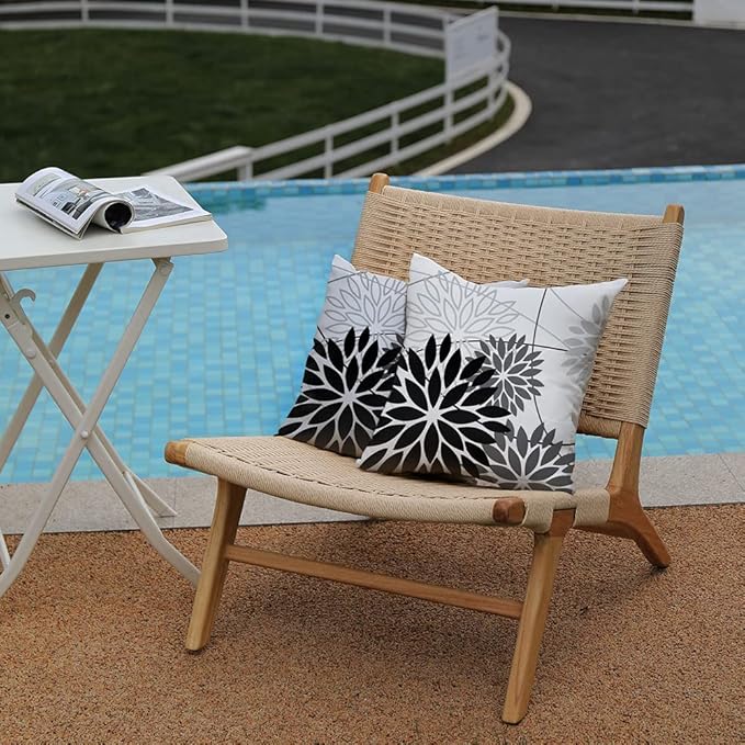 Black Grey Floral Pillow Covers 20x20 Set of 2 Outdoor Waterproof White Colored Decorative Throw Pillows Summer Pillowcase Polyester Cushion Case Decor for Couch Patio Funiture Garden Porch 01L20