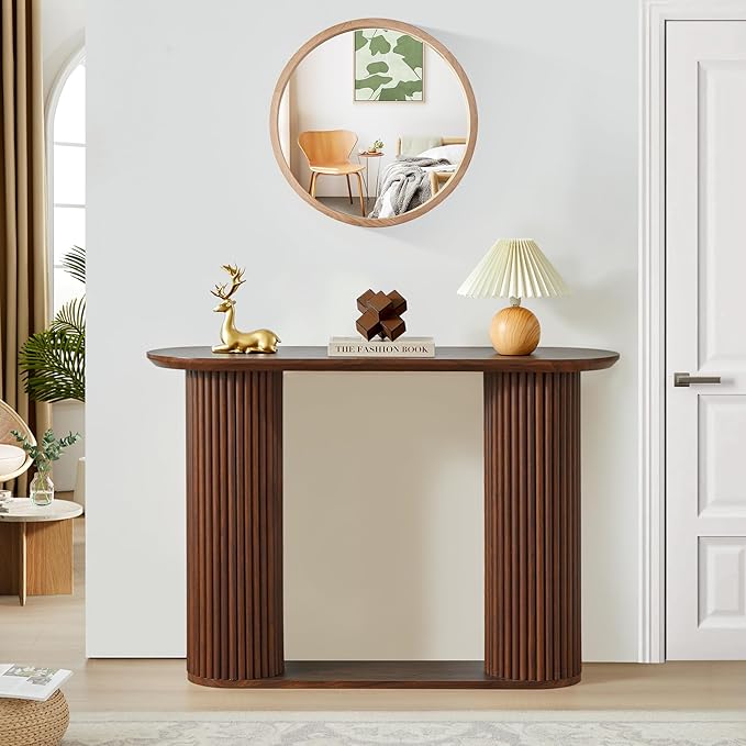Fluted Console Table, Farmhouse Oval Curved Entryway Table with Storage and Fluted Wood Legs, Narrow Small Long Entry Sofa Table for Entrance, Hallway, Living Room (Walnut)