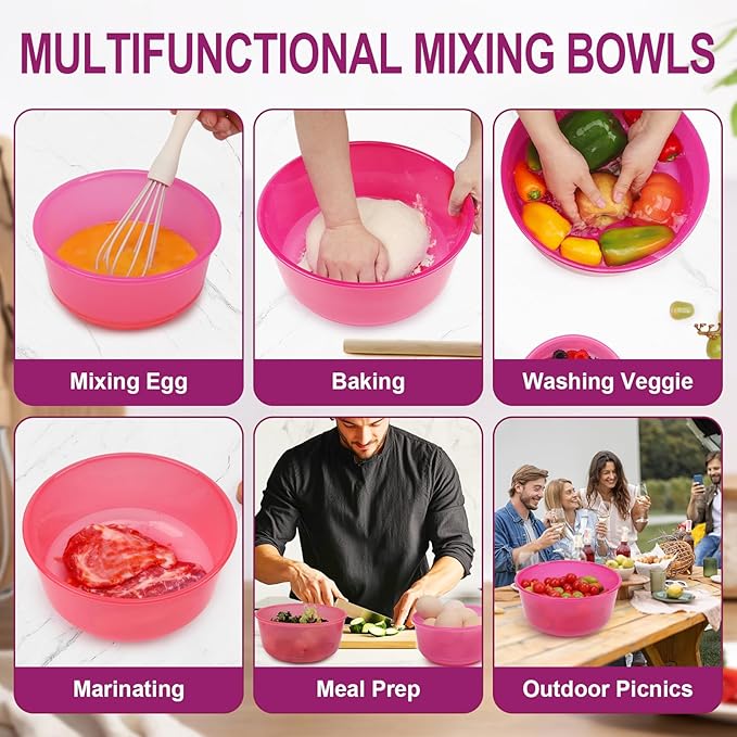 Large Plastic Mixing Bowls with Lids Set, 5PCS Stylish Ombre Pink Nesting Salad Bowls with Airtight Lids, BPA-Free Kitchen Bowls, Size 4.65, 3.7, 2.75, 1.43, 0.74QT, Great for Mixing & Serving