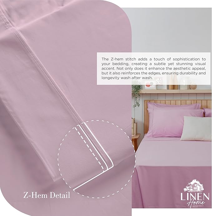 Linen Home 100% Cotton Percale Sheets Queen Size,Mauve Lavender, Deep Pocket, 4 Pieces Set - 1 Flat, 1 Deep Pocket Fitted Sheet and 2 Pillowcases, Crisp Cool and Strong Bed Linen
