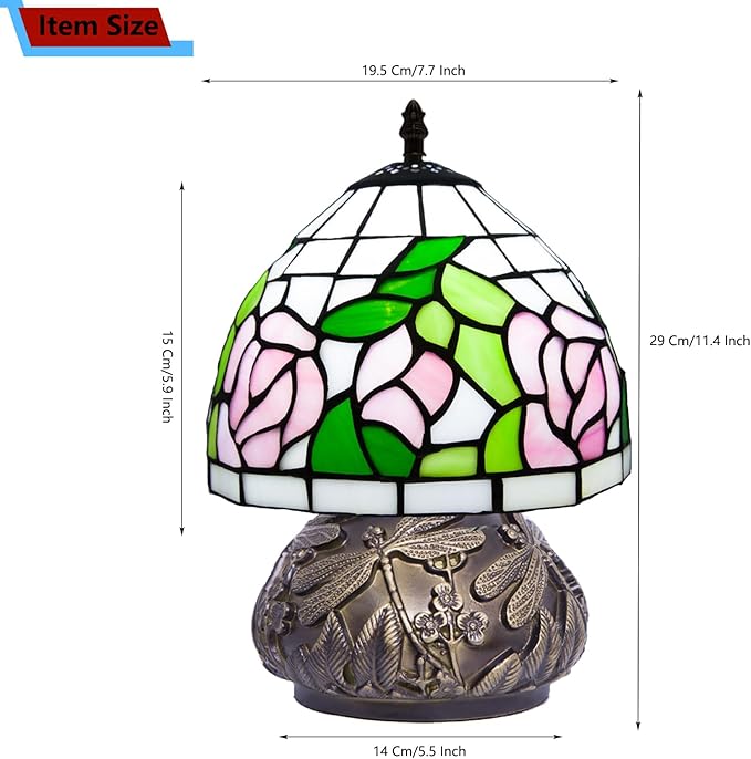 Small Tiffany Stained Glass Lamp, 3 Color Temperatures Bedside Lamp, 8 Inch Mushroom Desk Light for Bedroom Living Room Office Home Decor (Pink Rose)