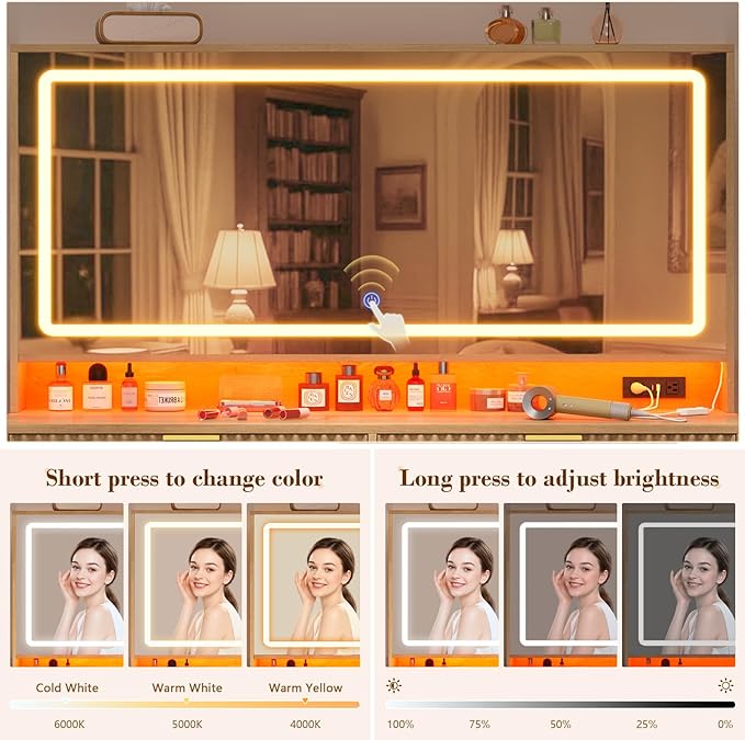 Fluted Vanity Desk with 46" Large Mirror and Lights, Big Vanity Table with Charging Station & RGB Lights, Makeup Vanity Mirror with Light Desk and 8 Drawers, Bedroom Vanity Dressing Table for Women