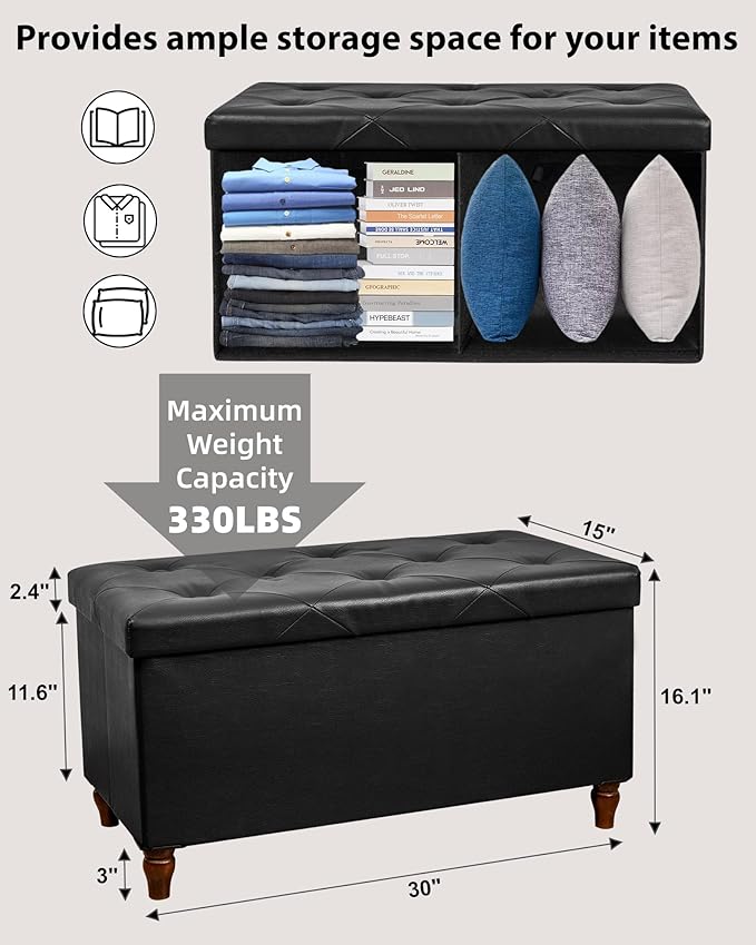 GLAXYFUR 30 Inches Storage Ottoman Bench with Wooden Legs, Faux Leather Folding Ottoman Foot Rest, Storage Bench for Living Room, Hallway & Bedroom, Upgrade Large Capacity (Engineered Wood, Black)