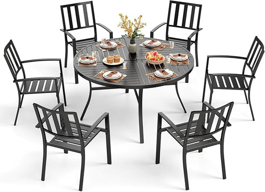 PHI VILLA 7 Pieces Outdoor Round Dining Set for 6, Wrought Iron Dining Table with Umbrella Hole & Stackable Metal Steel Chairs, Large Dining Furniture Set for Patio, Deck, Yard, Porch